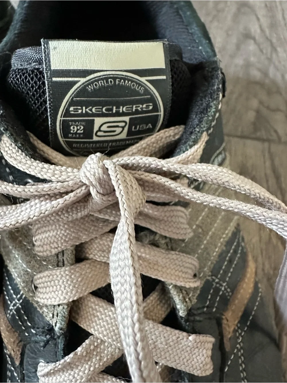 Skechers Men’s Navy Casual Shoes with Beige Laces and Tan Stripes- Size 10